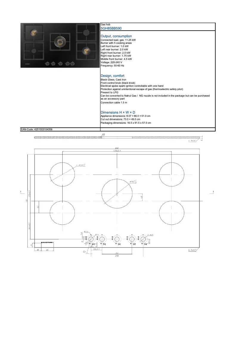 Página 1 del manual Ficha técnica Blaupunkt 5GH85BB590