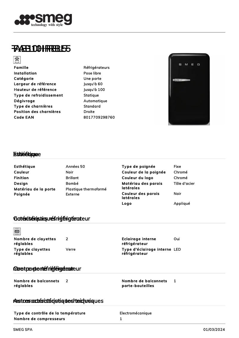 Page 1 de la notice Fiche technique Smeg FAB10HRBL5