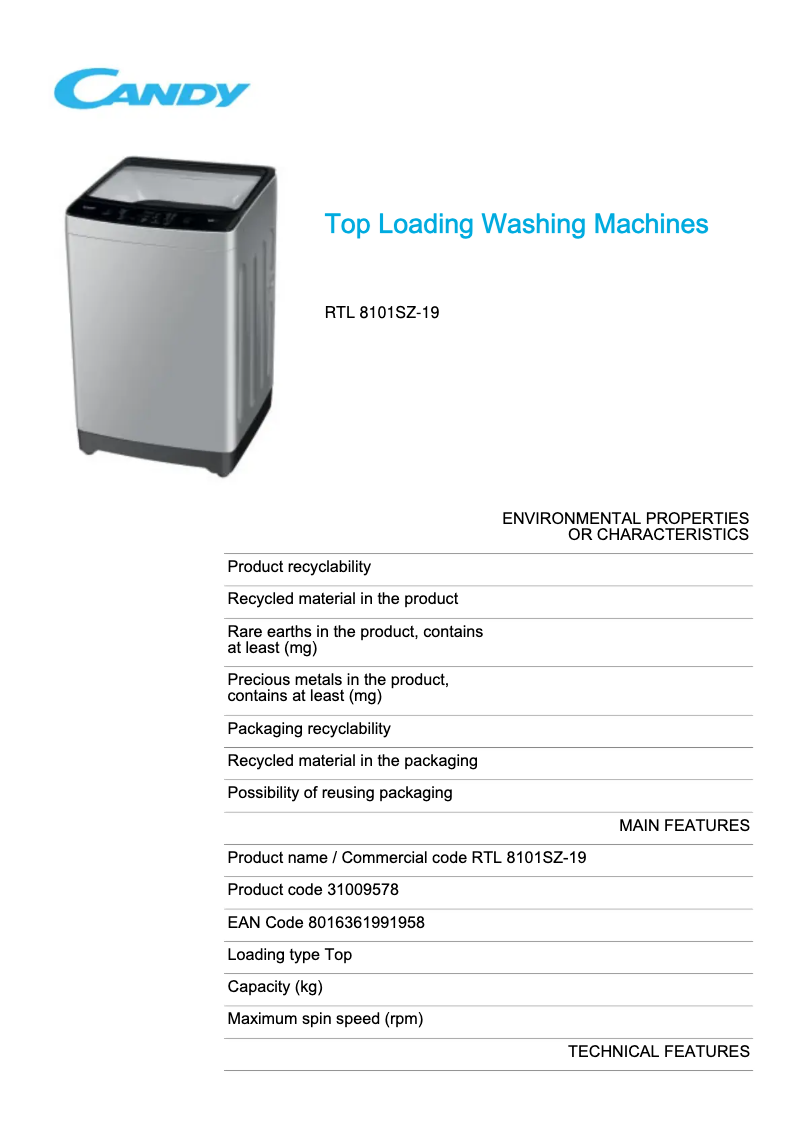 Page 1 de la notice Fiche technique Candy RTL 8101SZ-19