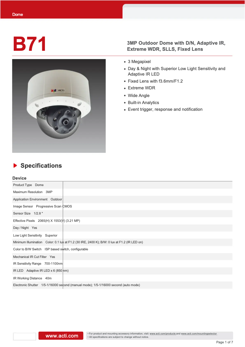 Page 1 de la notice Fiche technique ACTi B71