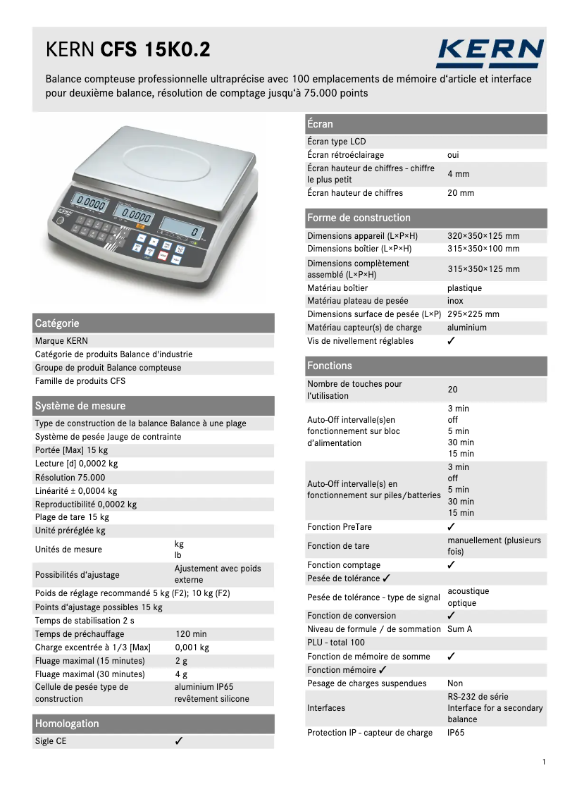 Page 1 de la notice Fiche technique Kern CFS 15K0.2
