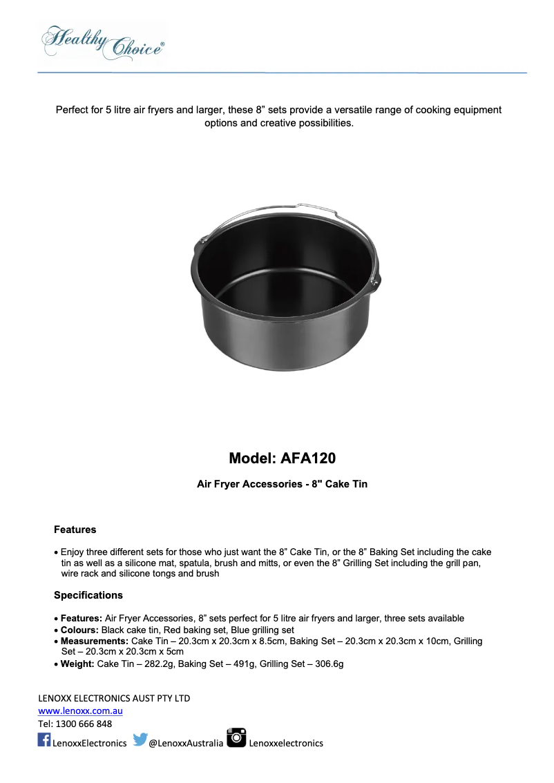 Page n°1 - Fiche technique Lenoxx Healthy Choice AFA140