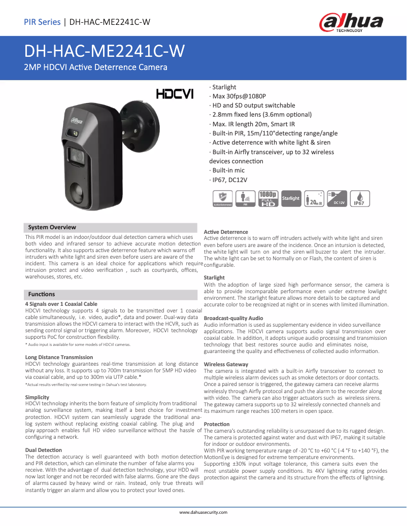 Page 1 de la notice Fiche technique Dahua Technology HAC-ME2241C-W