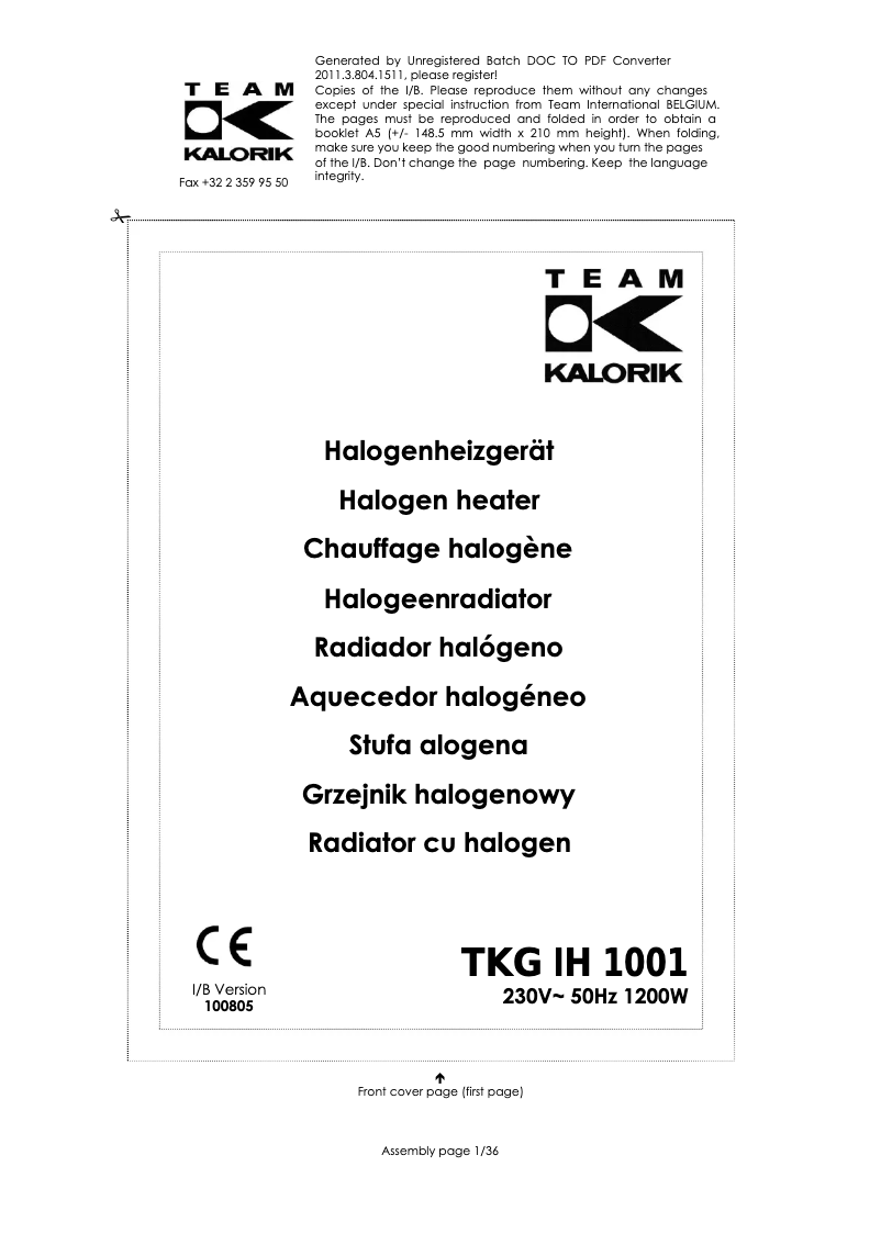 Image de la première page du manuel de l'appareil TKG IH 1001