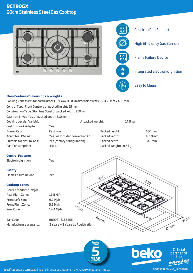 Page 1 de la notice Fiche technique Beko BCT90GX