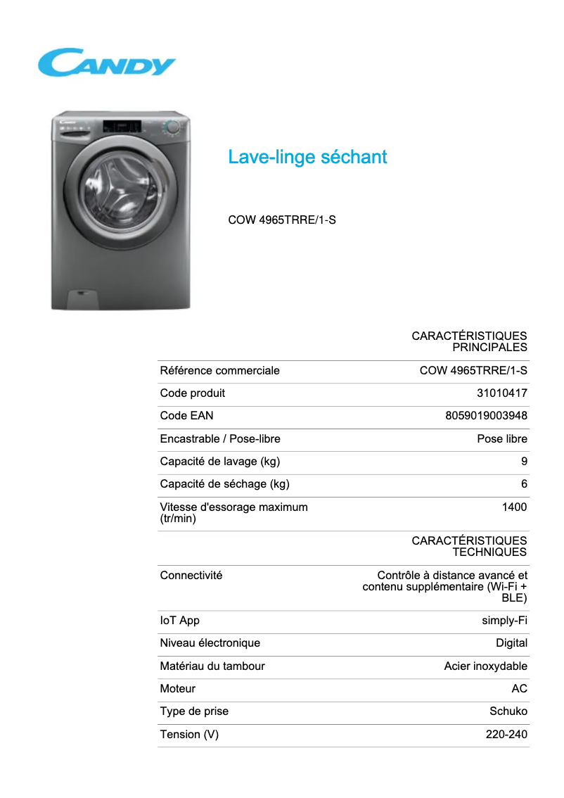 Page 1 de la notice Fiche technique Candy COW 4965TRRE/1-S