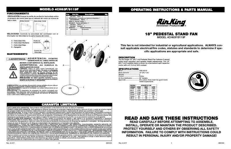 Page 1 de la notice Manuel utilisateur Air King 9119
