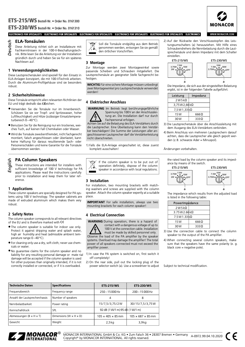 Page 1 de la notice Manuel utilisateur Monacor ETS-230/WS
