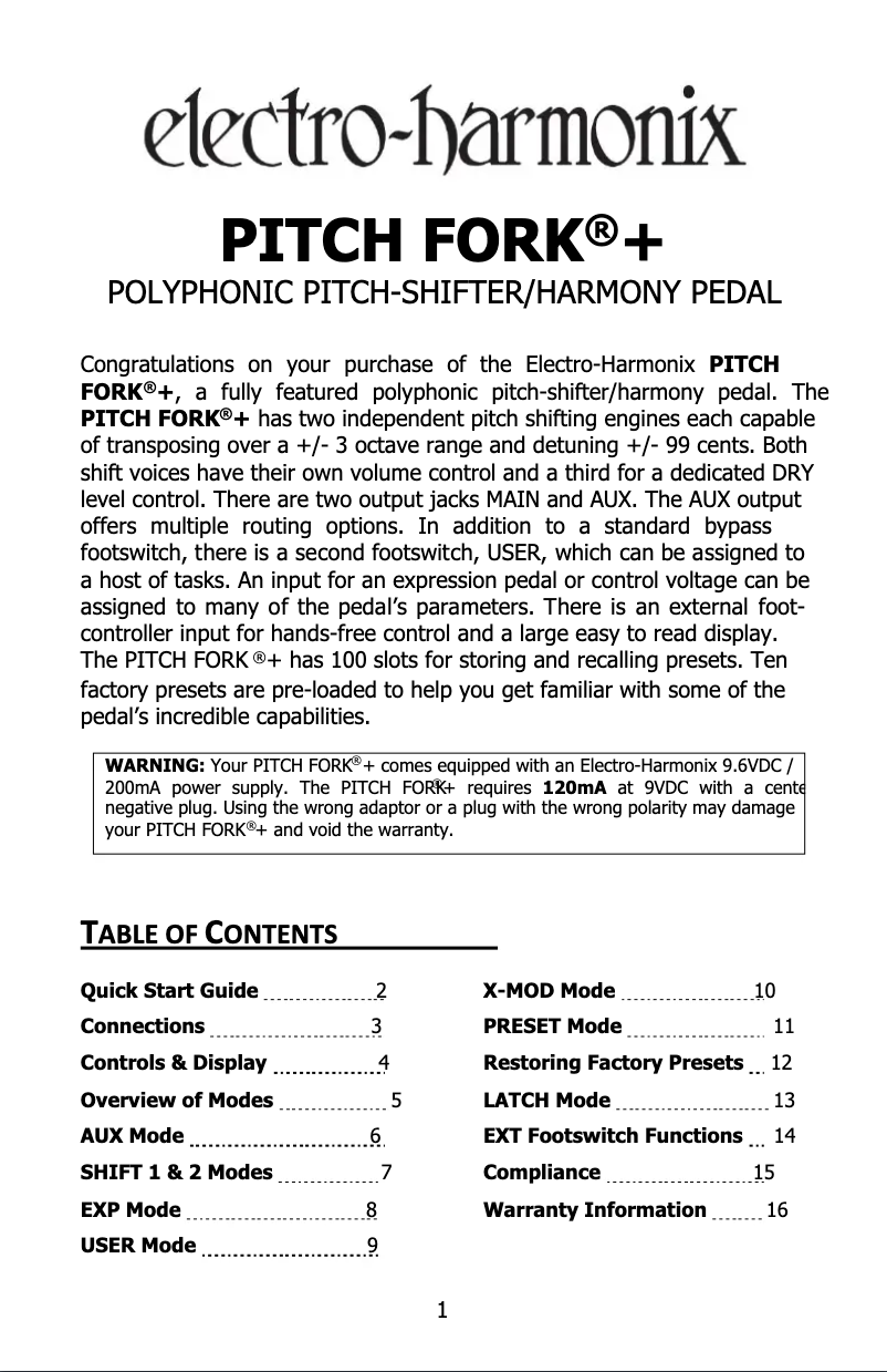 Page 1 de la notice Manuel utilisateur Electro Harmonix Pitch Fork P