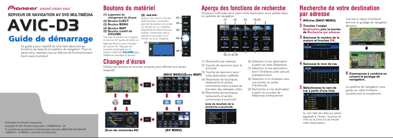 Page n°1 - Guide de démarrage rapide Pioneer AVIC-D3