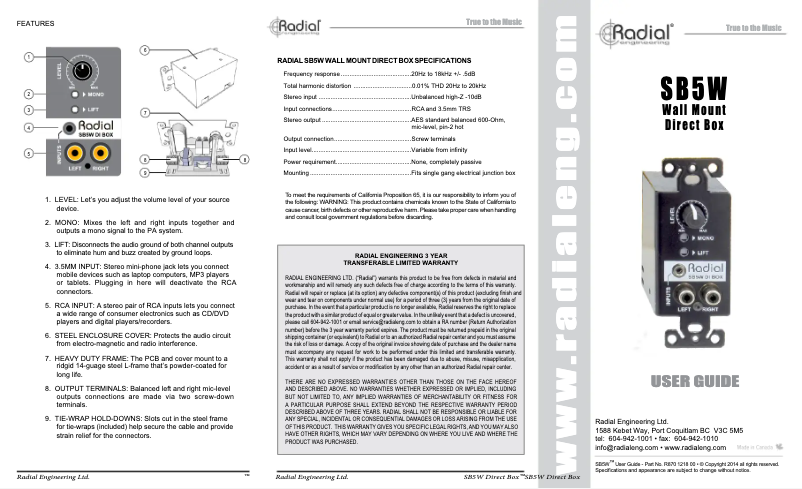 Page 1 de la notice Manuel utilisateur Radial Engineering StageBug SB5W