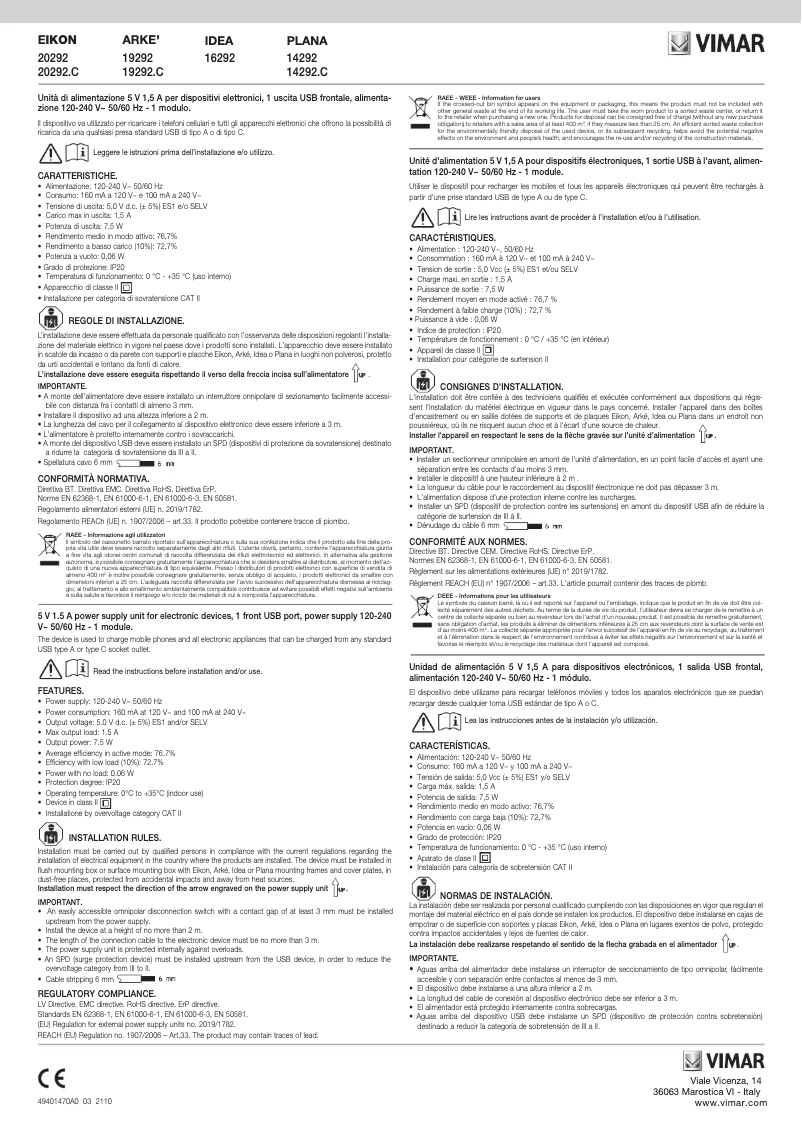 Page n°1 - Manuel utilisateur Vimar 20292.C.B