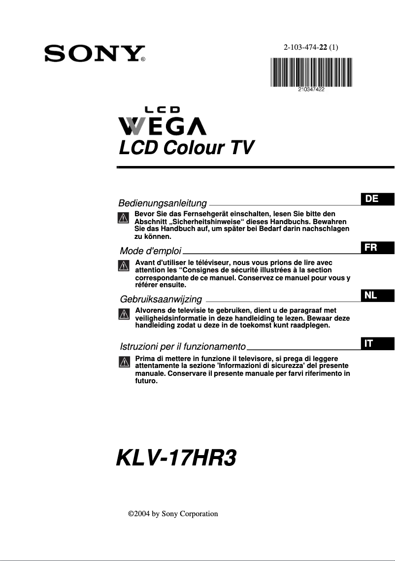 Page 1 de la notice Manuel utilisateur Sony Wega KLV-17HR3