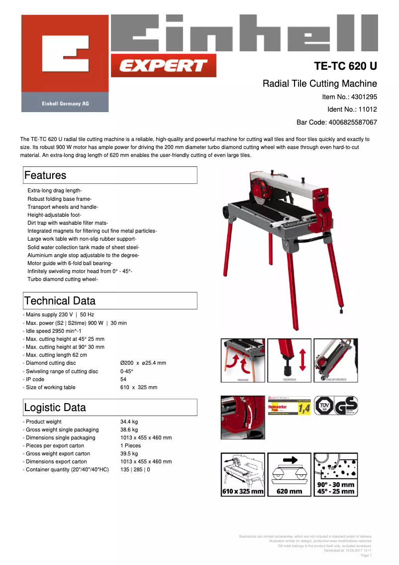 Page n°1 - Fiche technique Einhell TE-TC 620/1 U