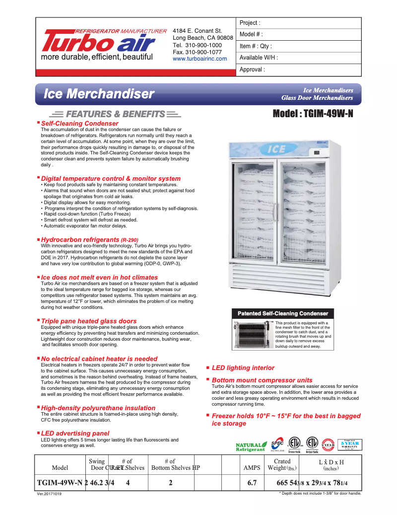 Page 1 de la notice Fiche technique Turbo air TGIM-49