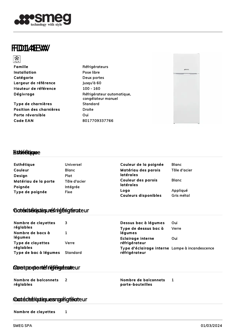 Page 1 de la notice Fiche technique Smeg FD14EW