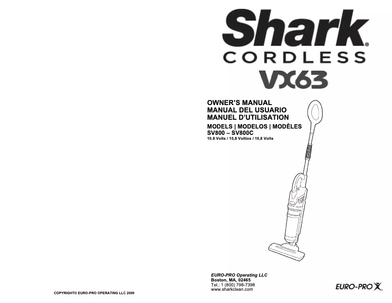 Page 1 de la notice Manuel utilisateur Shark Euro-Pro VX63 SV800