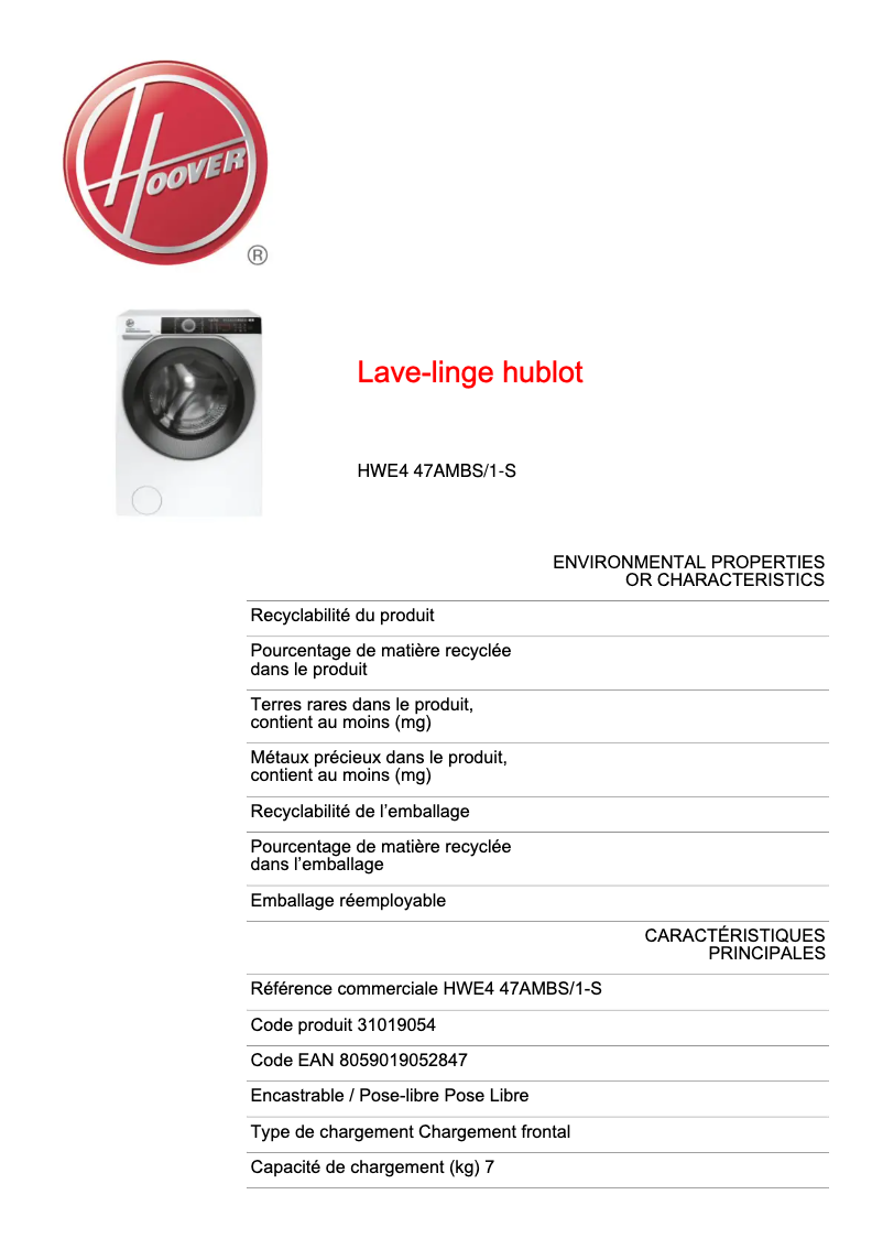 Page 1 de la notice Fiche technique Hoover HWE4 47AMBS/1-S