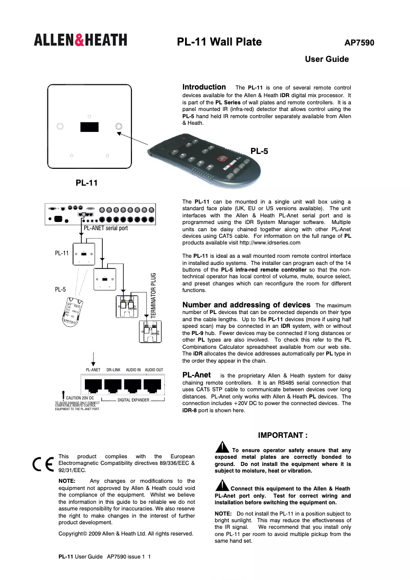 Page n°1 - Manuel utilisateur Allen & Heath PL-11