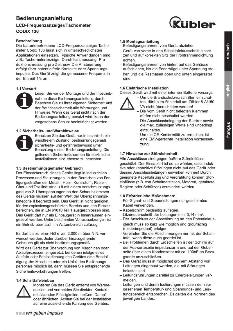 Page n°1 - Manuel utilisateur Kübler CODIX 136