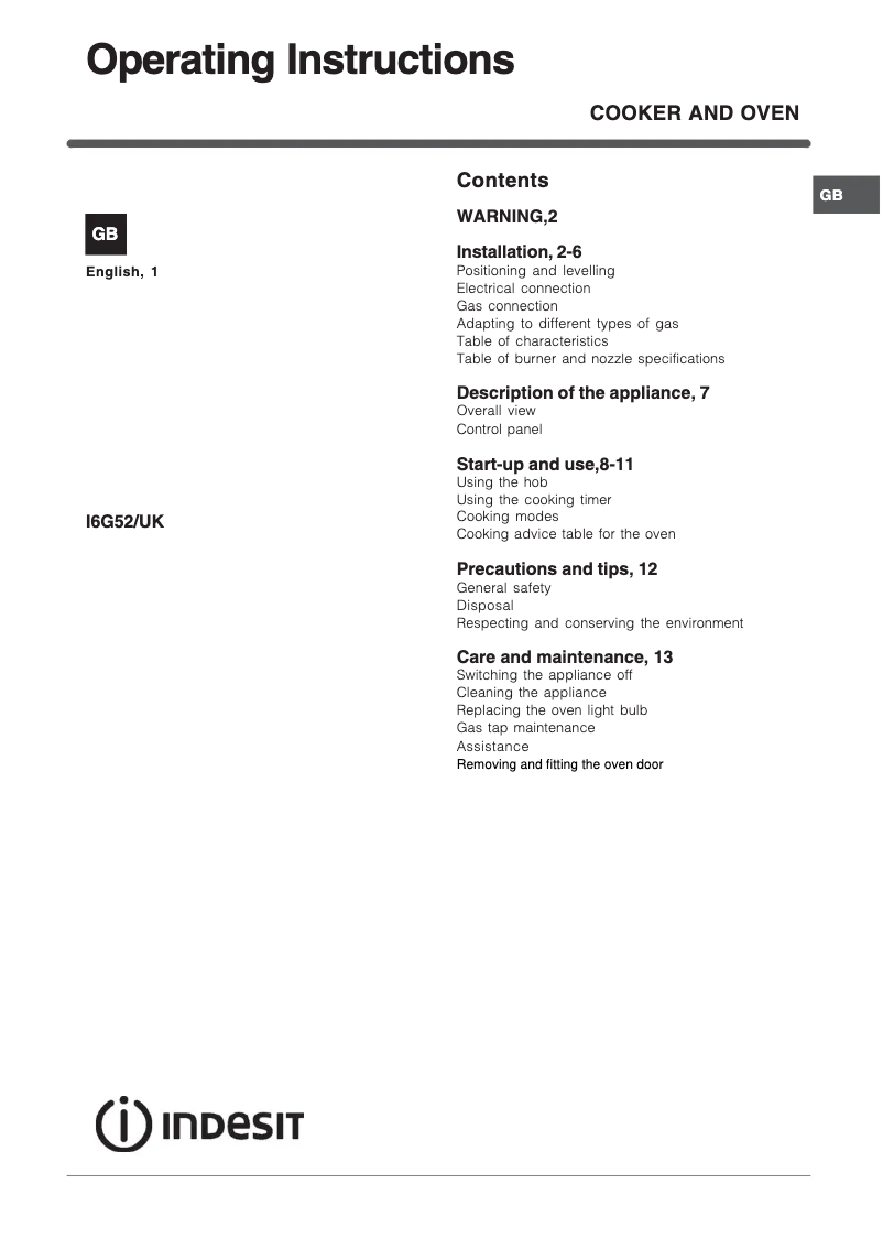 Page 1 de la notice Mode d'emploi Indesit I6G52XUK