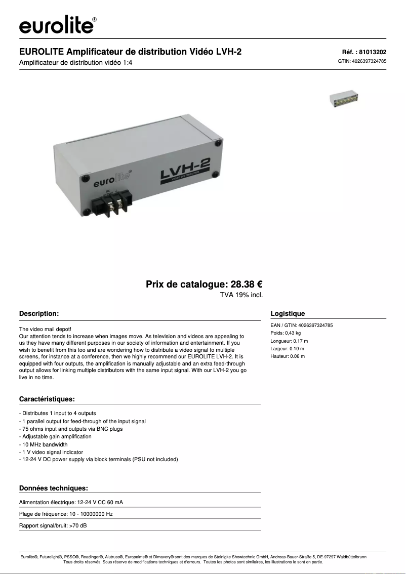 Page 1 de la notice Fiche technique Eurolite LVH-2