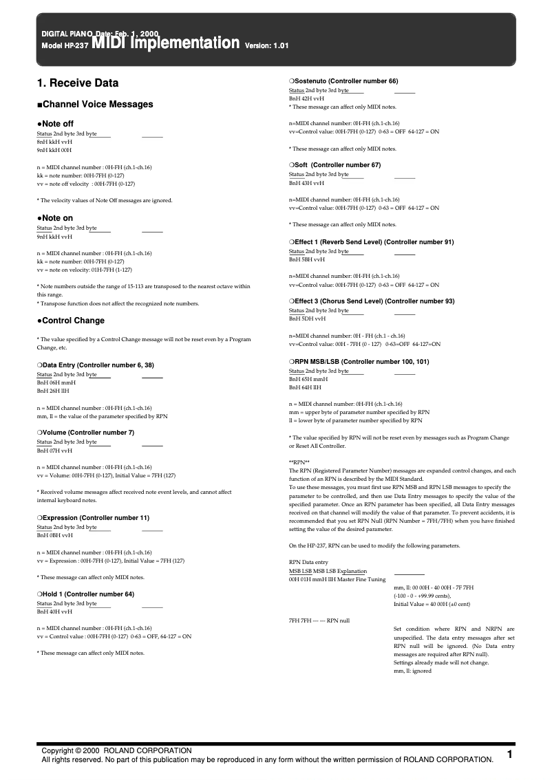 Page 1 de la notice Manuel utilisateur Roland HP-237R