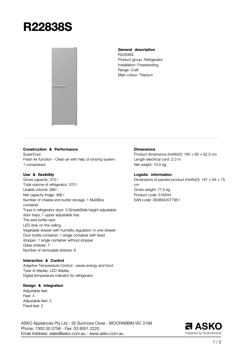 Página 1 del manual Ficha técnica Asko R22838S