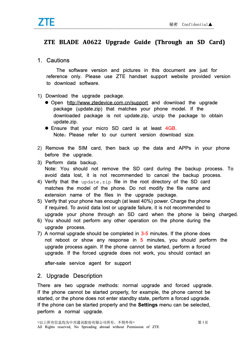 Page 1 de la notice Manuel utilisateur ZTE Blade A622