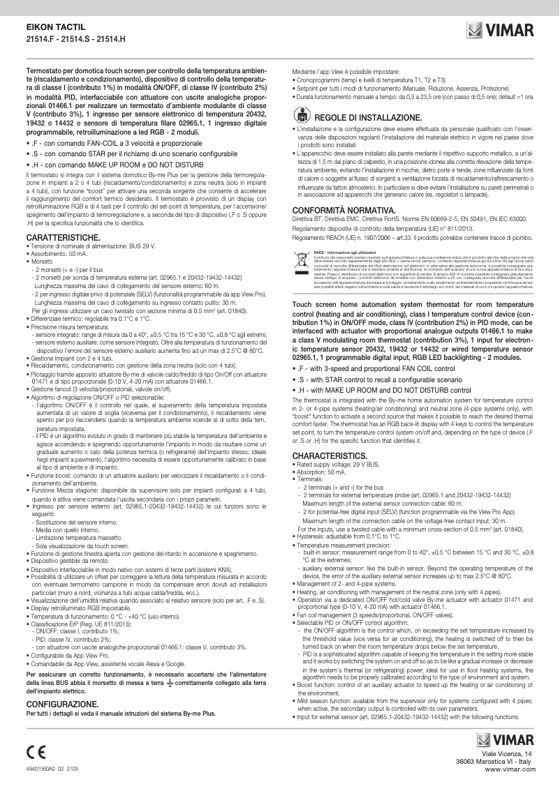 Page n°1 - Manuel utilisateur Vimar 21514.H.70