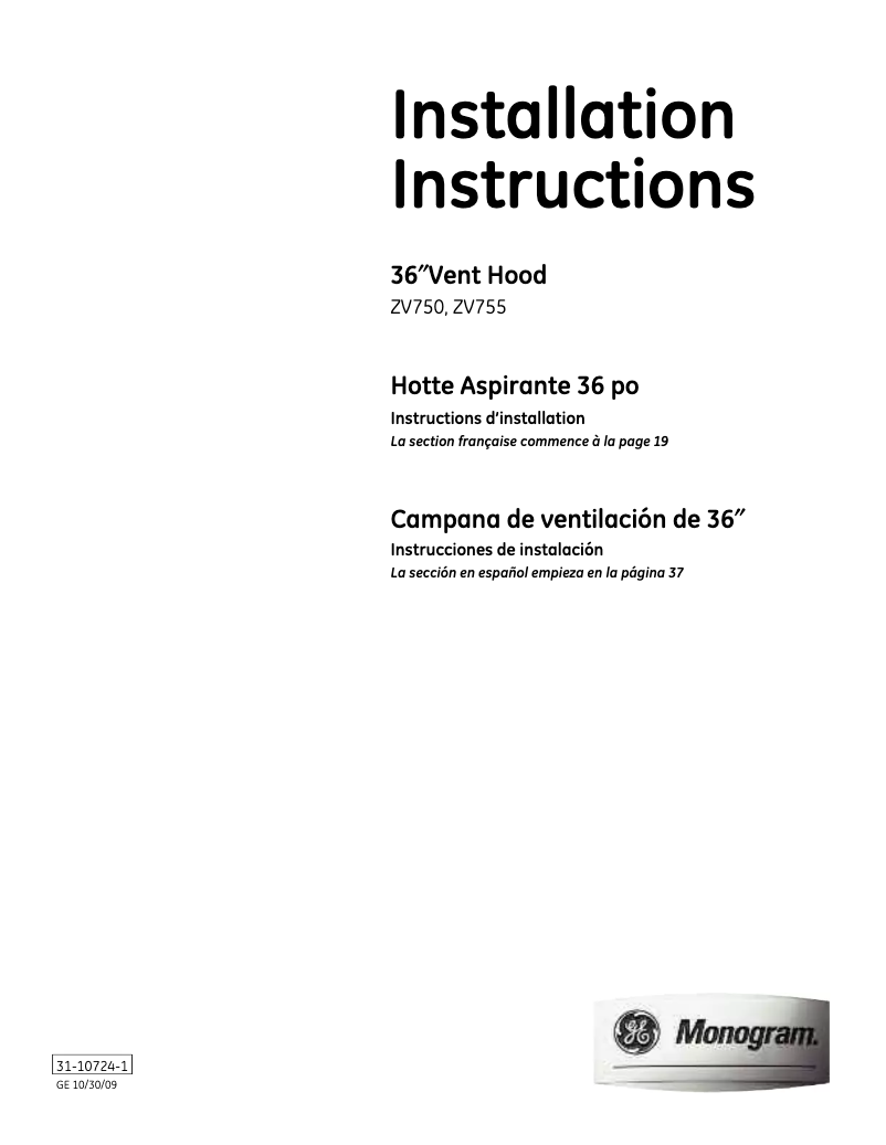 Page 1 de la notice Guide d'installation Monogram ZV750SPSS