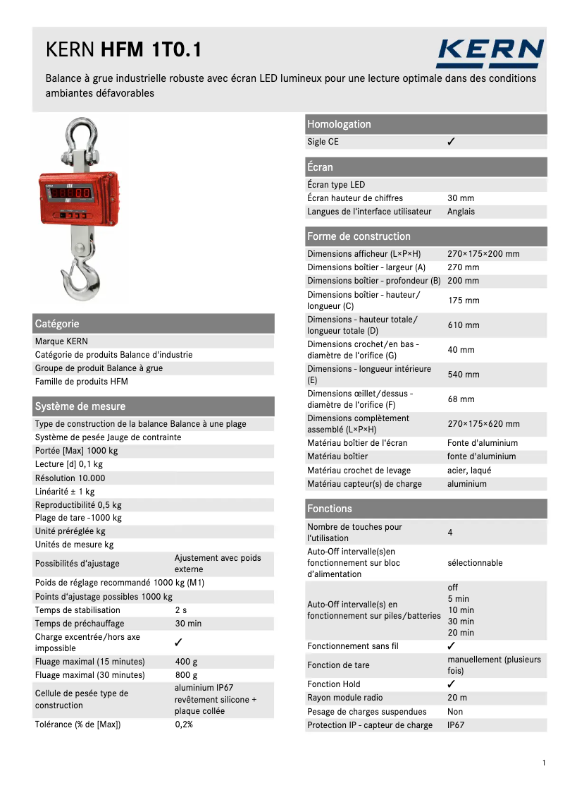 Page 1 de la notice Fiche technique Kern HFM 1T0.1
