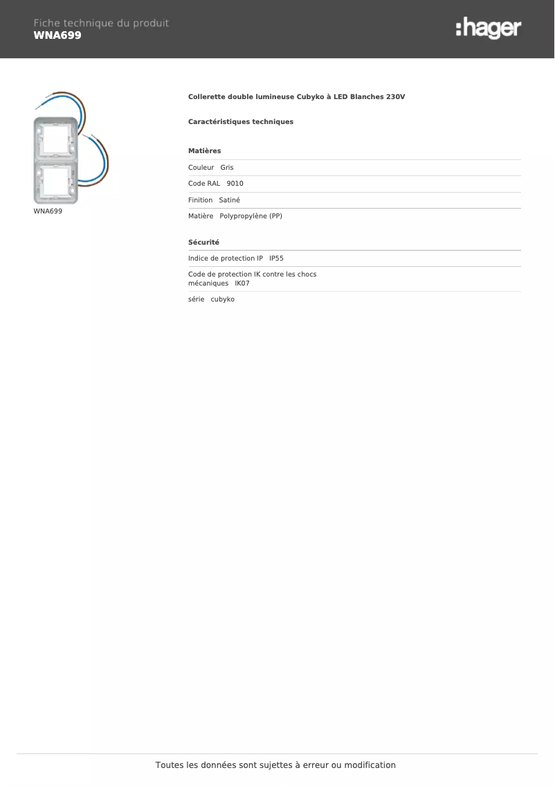 Page n°1 - Fiche technique Hager WNA699