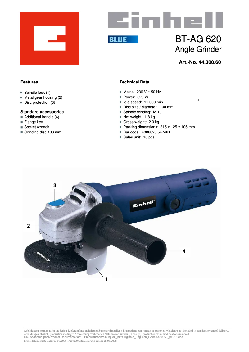 Page 1 de la notice Manuel utilisateur Einhell BT-AG 620