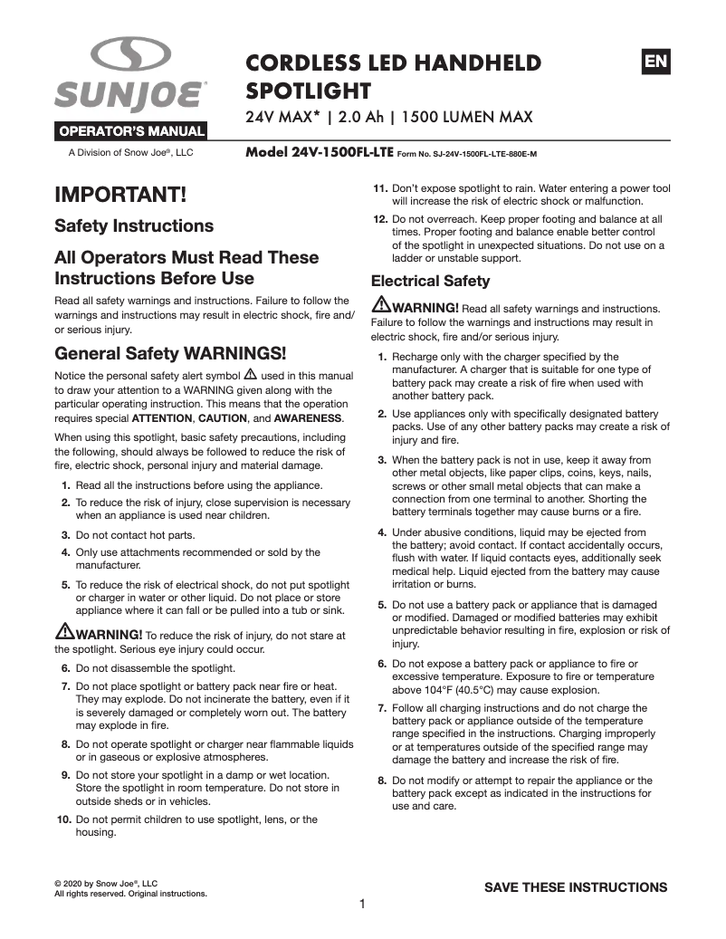 Page 1 de la notice Manuel utilisateur Sun Joe 24V-1500FL-LTE
