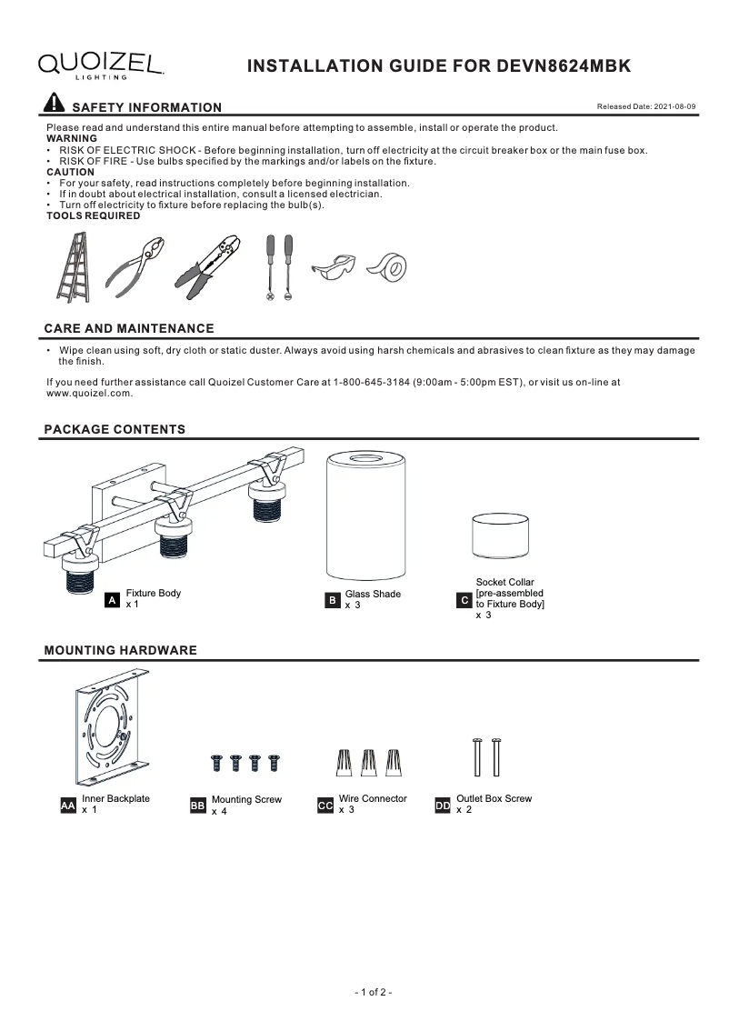 Page 1 de la notice Manuel utilisateur Quoizel Devon Court DEVN8624MBK