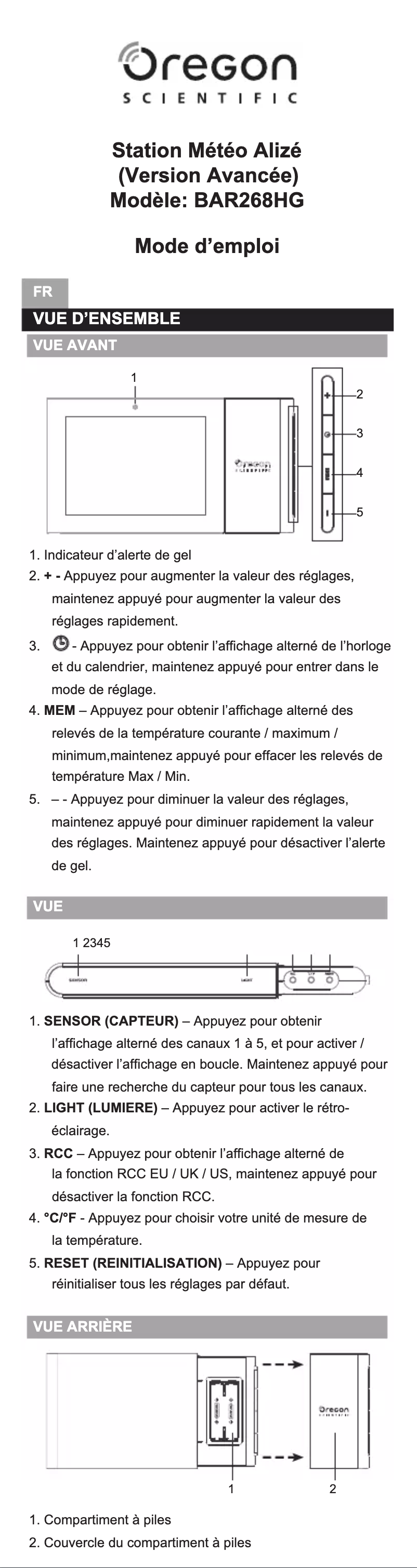 Page 1 de la notice Manuel utilisateur Oregon Scientific BAR268HG