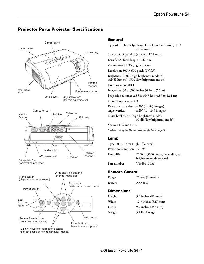 Página 1 del manual Ficha técnica Epson PowerLite S4