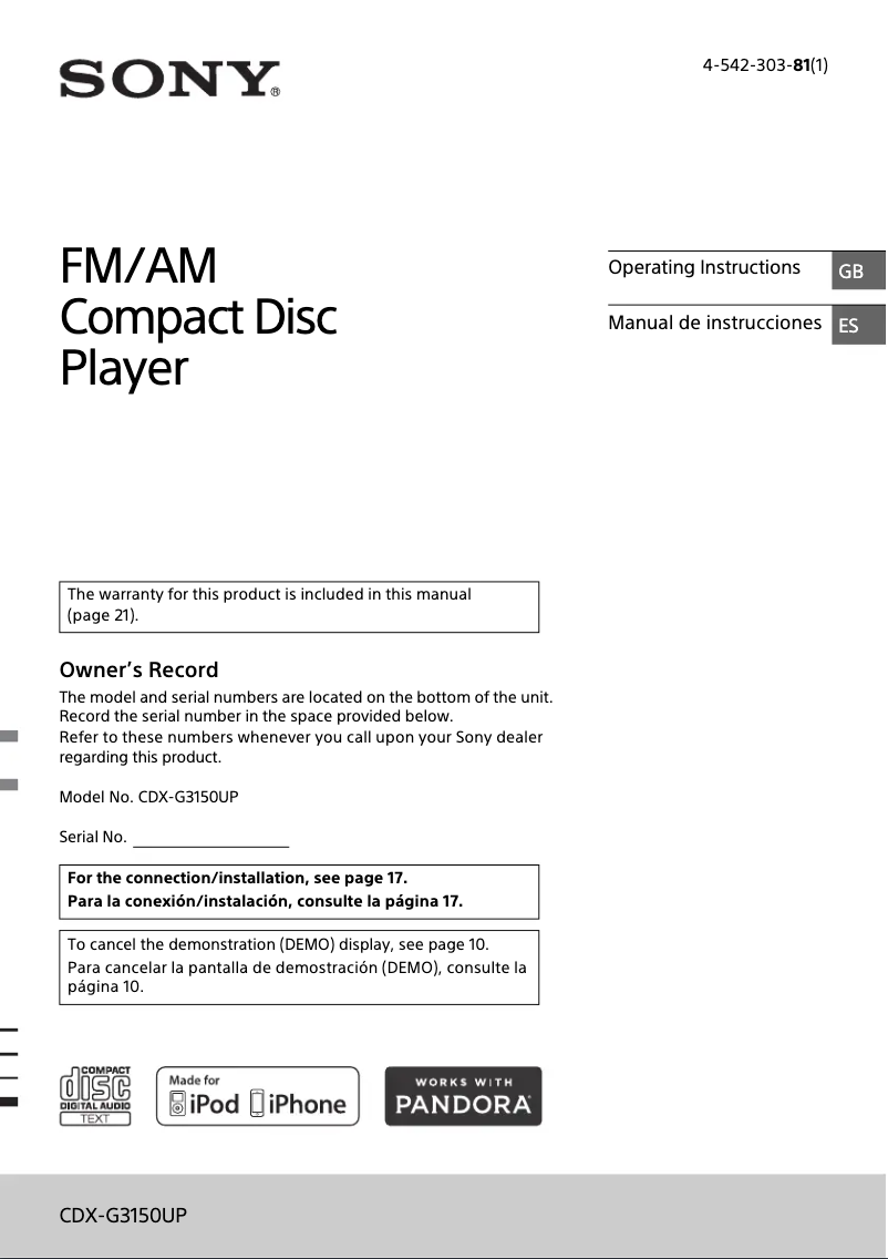 Image de la première page du manuel de l'appareil CDX-G3150UP