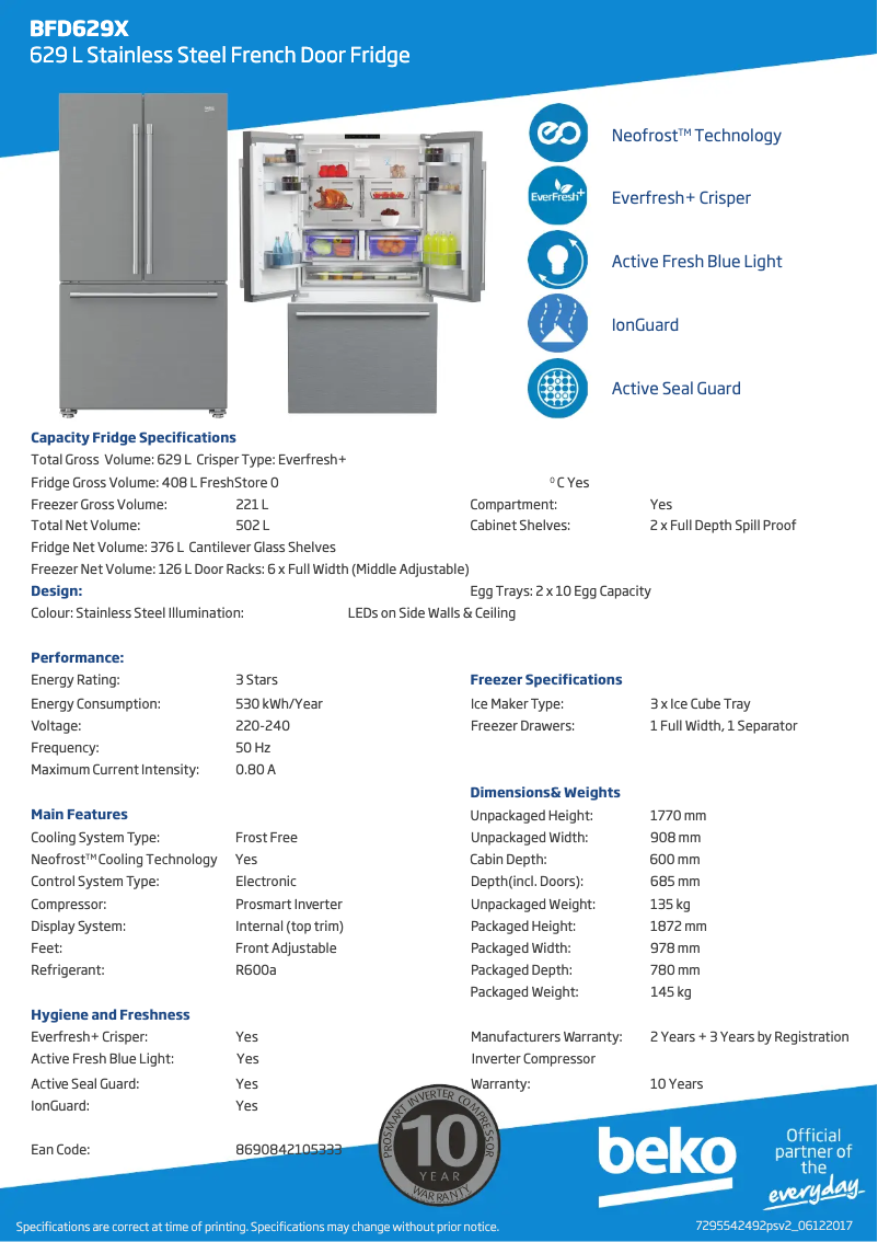 Page 1 de la notice Fiche technique Beko BFD629X