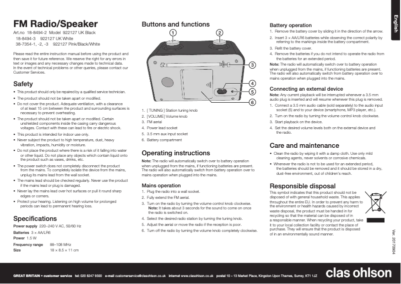 Page 1 de la notice Manuel utilisateur Clas Ohlson 922127