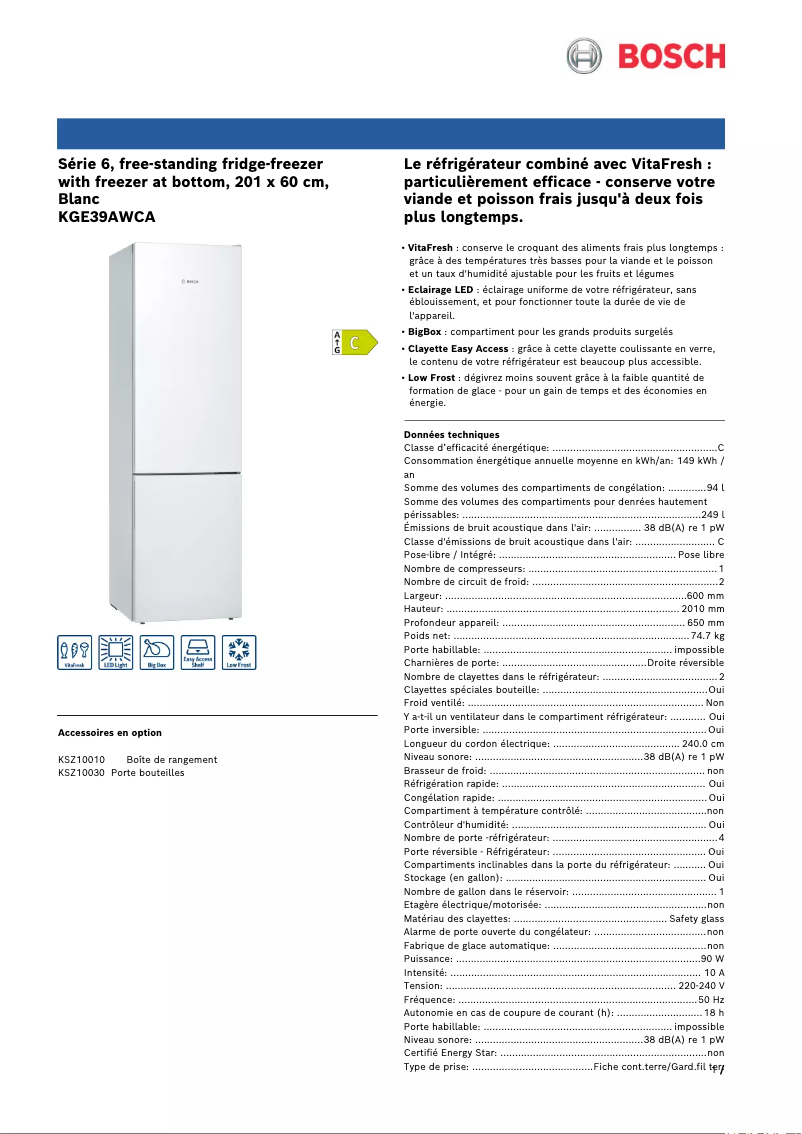 Page n°1 - Fiche technique Bosch KGE39AWCA
