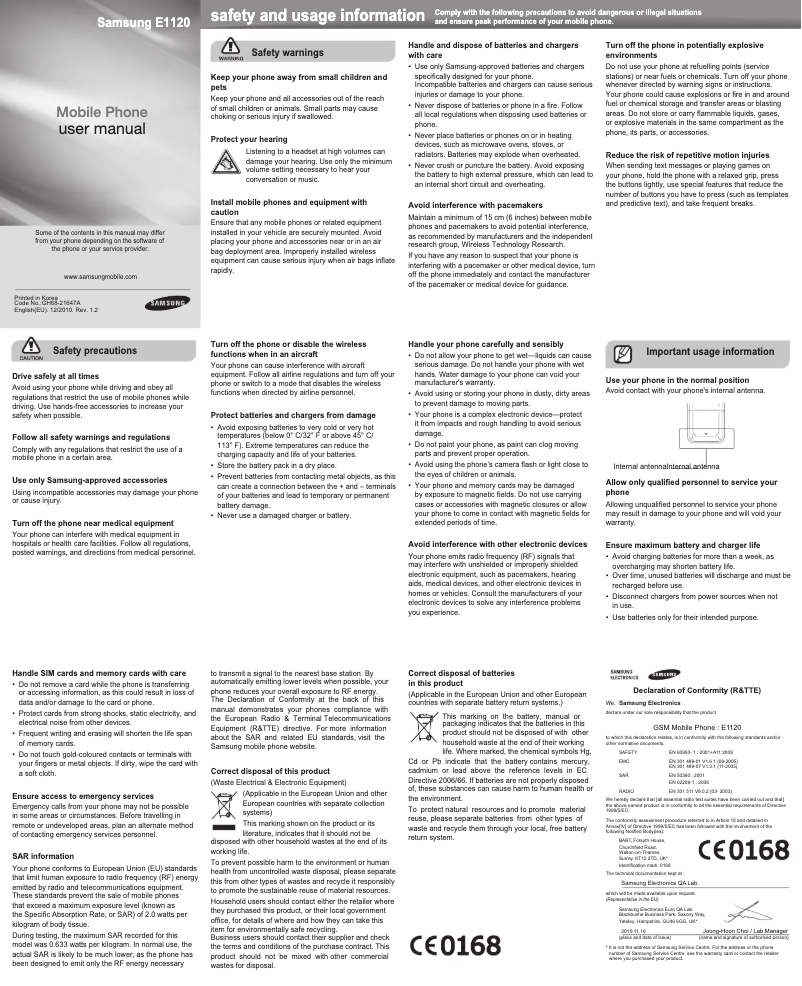 Page 1 de la notice Manuel utilisateur Samsung GT-E1120