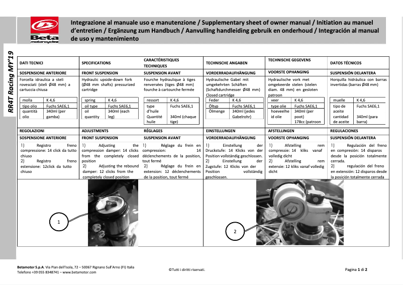 Page 1 de la notice Manuel utilisateur Beta RR 4T 350 (2019)