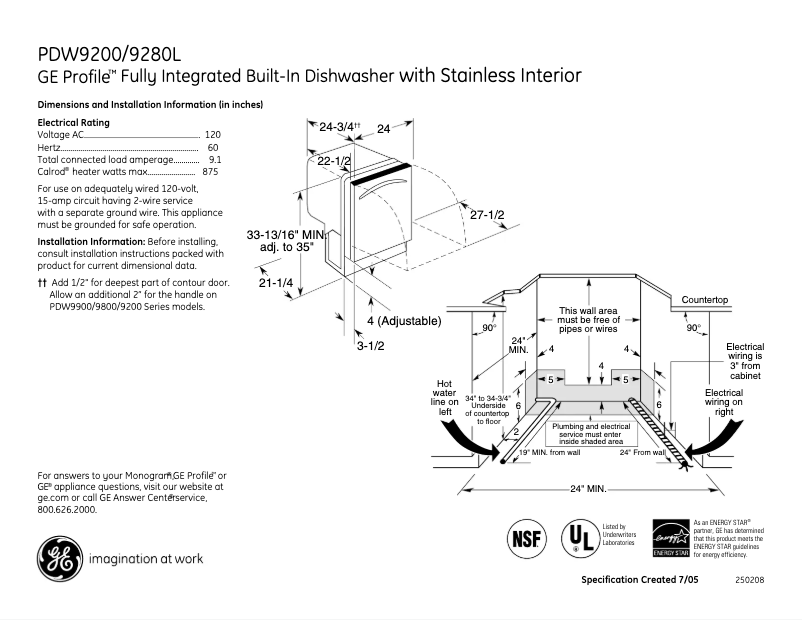 Page n°1 - Fiche technique GE Profile PDW9280LSS