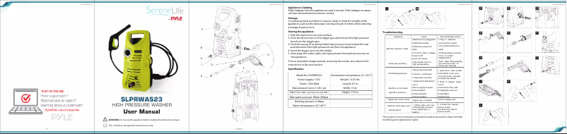 Page 1 de la notice Manuel utilisateur SereneLife SLPRWAS23