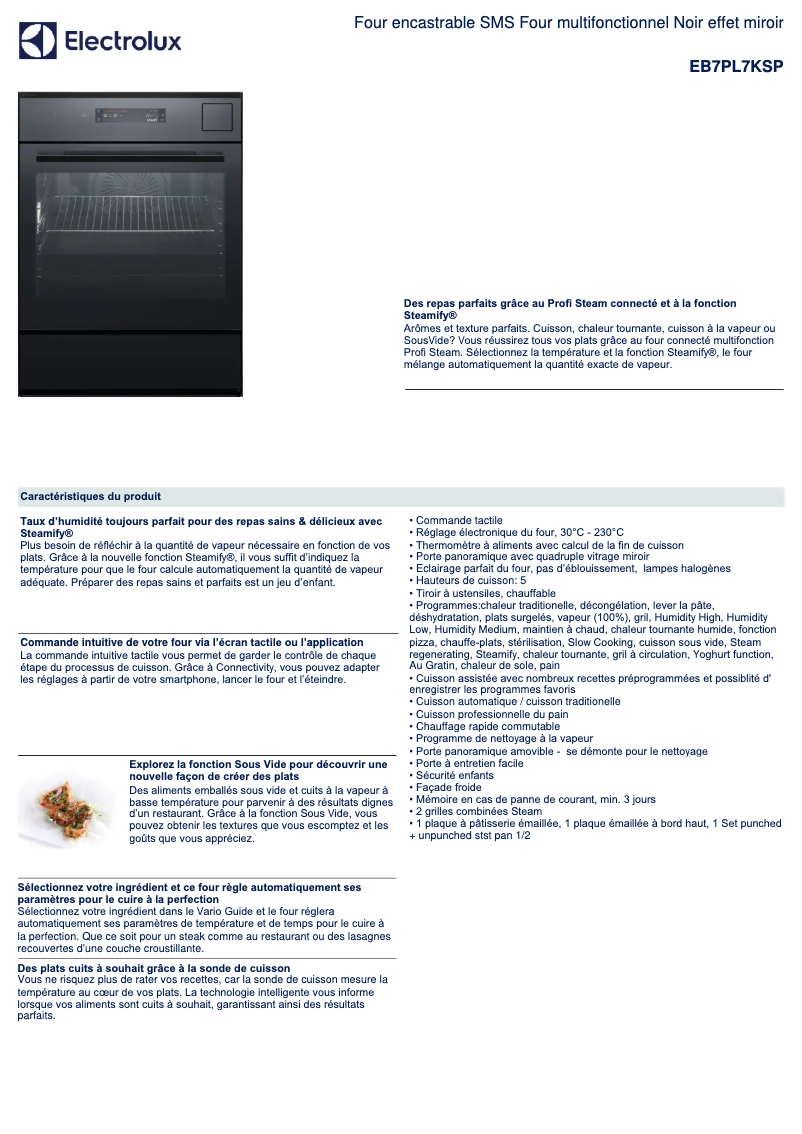 Page 1 de la notice Fiche technique Electrolux EB7PL7KSP