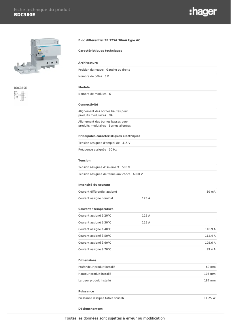 Page n°1 - Fiche technique Hager BDC380E