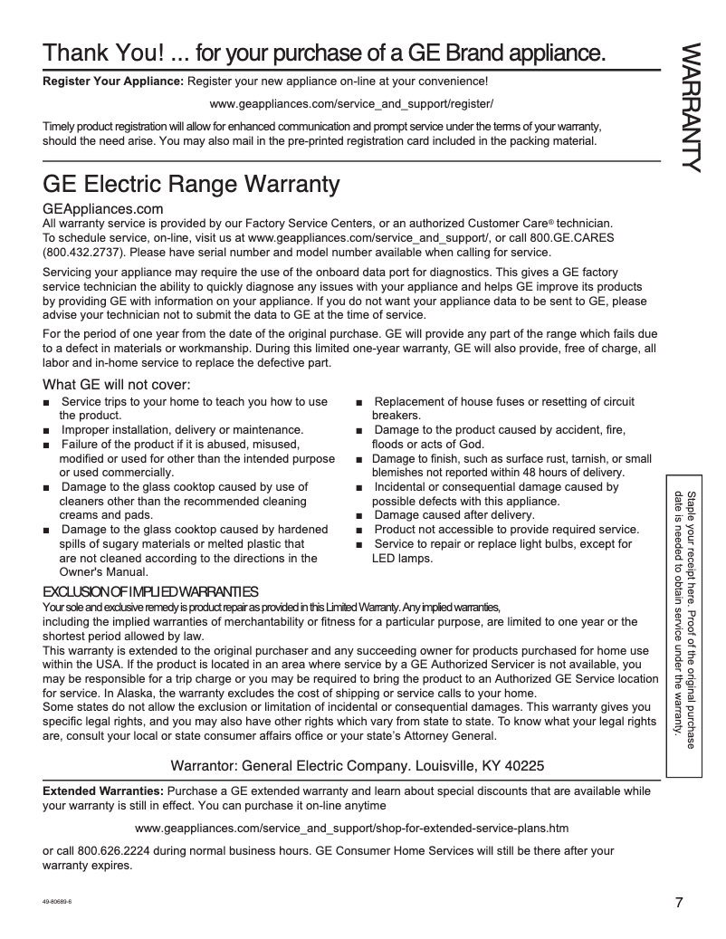 Página 1 del manual Información de garantía GE JBS60RKSS