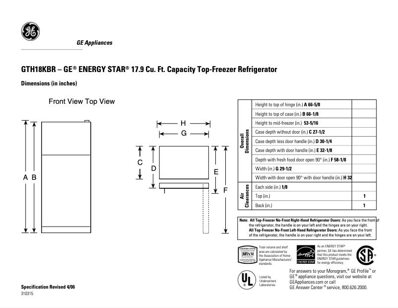 Page 1 de la notice Fiche technique GE GTH18KBRCC